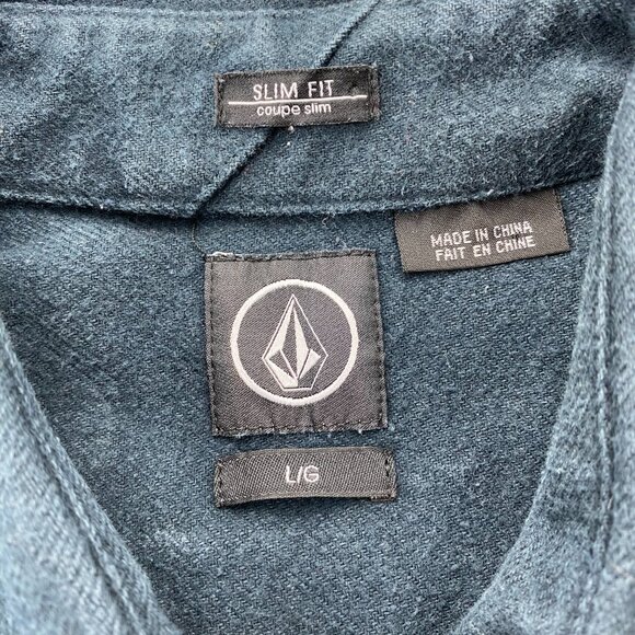 VOLCOM Shirt Men Large L Navy Blue Striped Heavy Cotton Slim Fit Button Up Polo - Picture 4 of 8